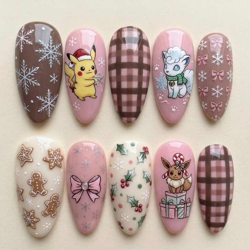 Cozy Pink Gingham Monster Christmas Nails