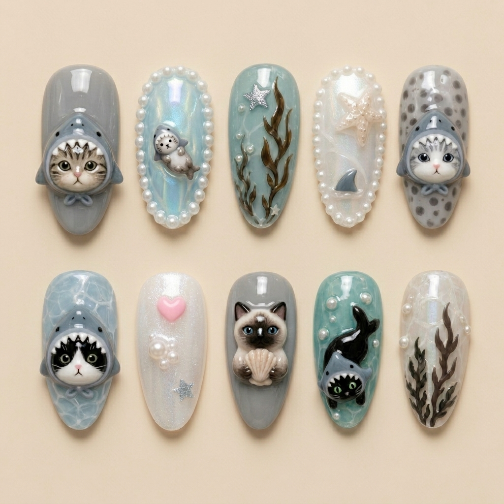 Ocean Shark Kitty Pearl Nails