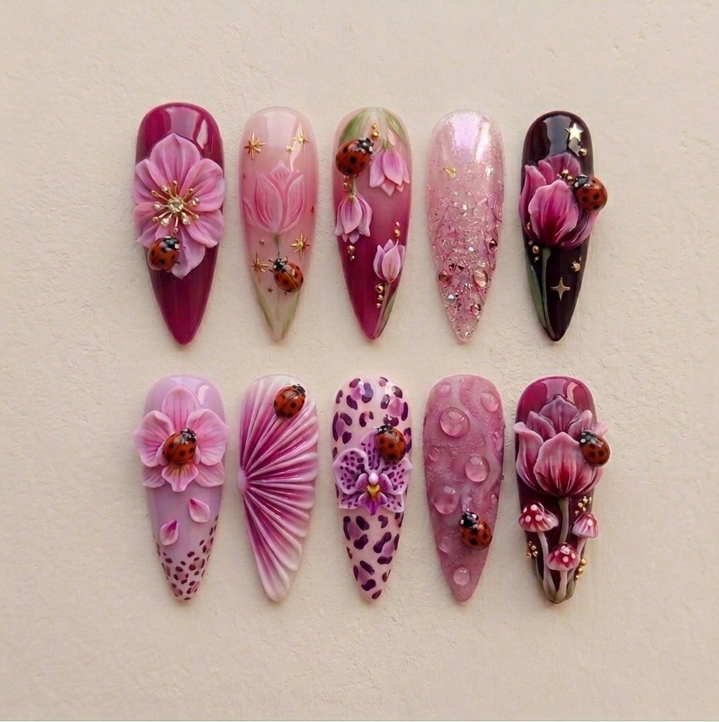 Pink Tulip Ladybug Nails