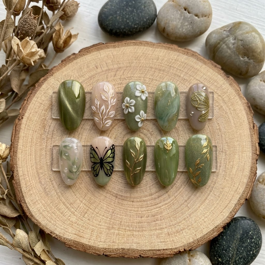 Olive Meadow Floral Butterfly Nail Set