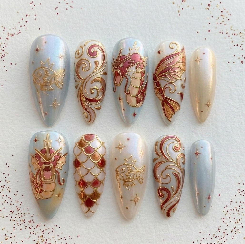Golden Mythic Sea Dragon Press On Nails