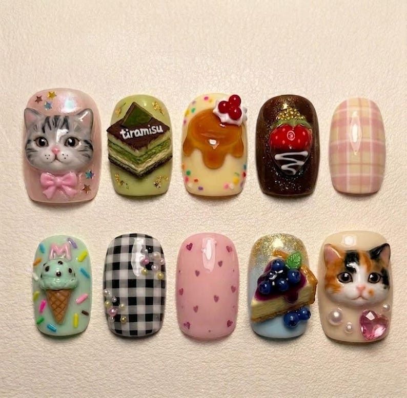 Harajuku 3D Cat Dessert Press On Nails