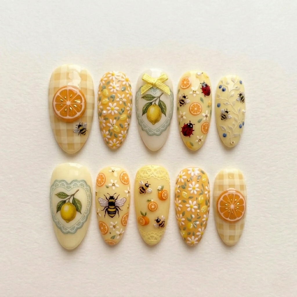 Lemon Honey Bee Gingham Nails