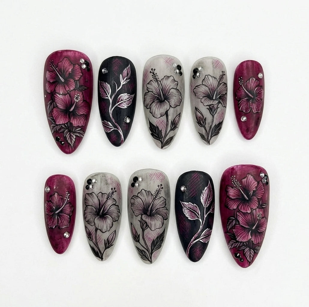 Gothic Hibiscus Floral Press On Nails