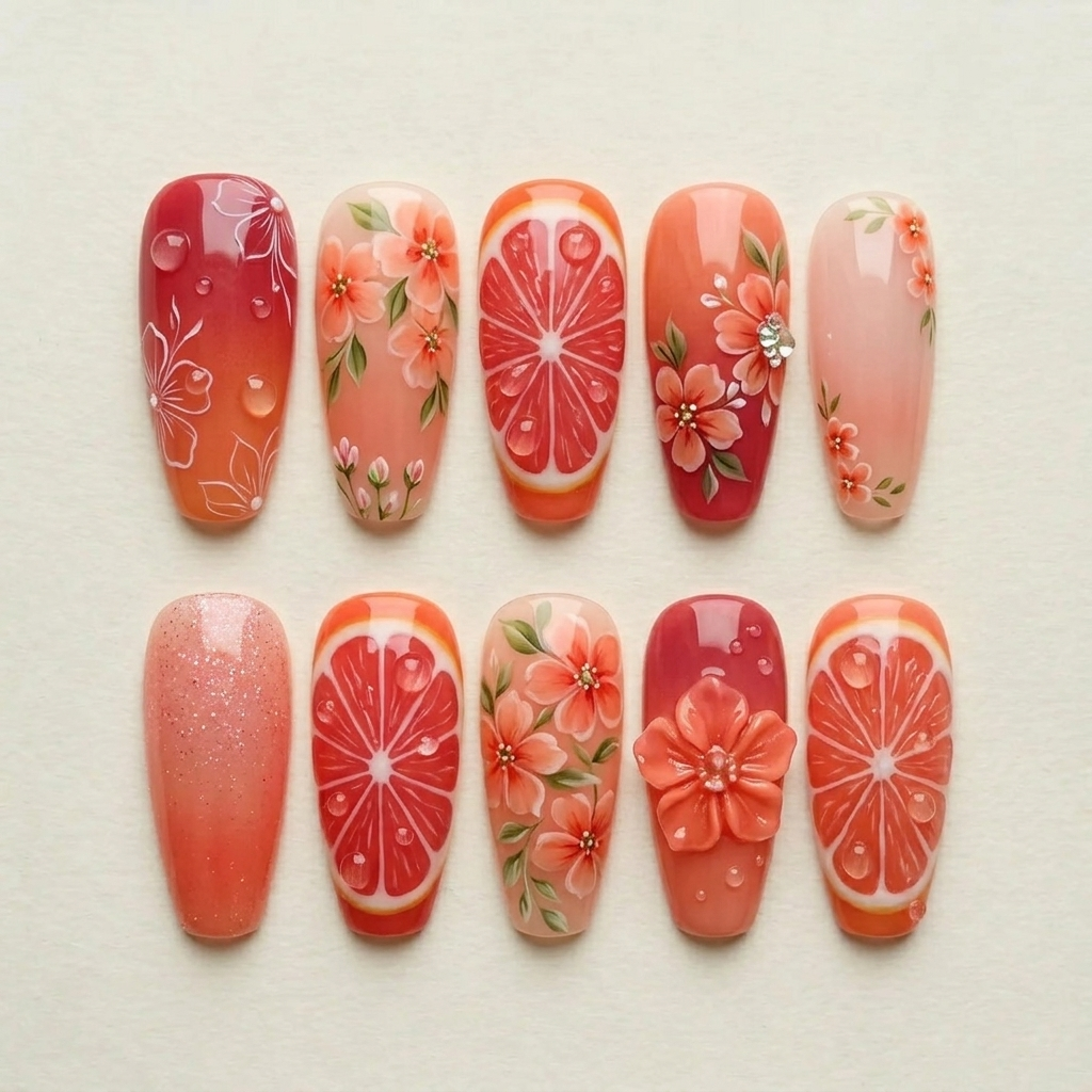 Citrus Grapefruit Press On Nails