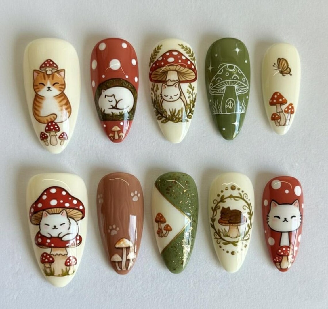 Cottagecore Cat Mushroom Press On Nails