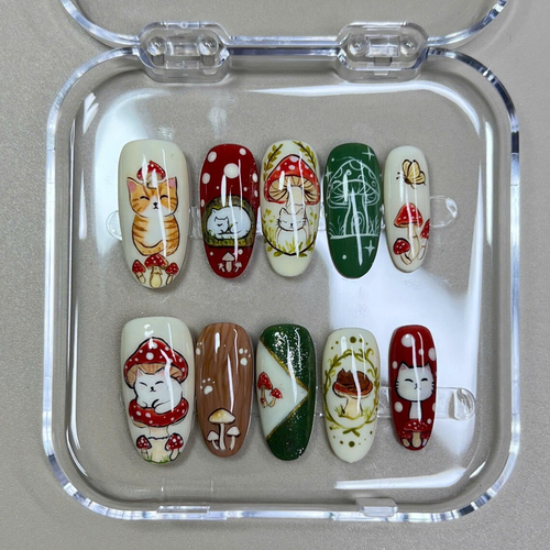 Cottagecore Cat Mushroom Press On Nails