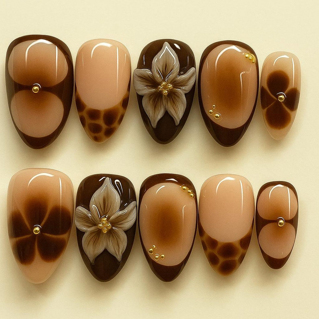 Elegant Neutral 3D Floral Nails