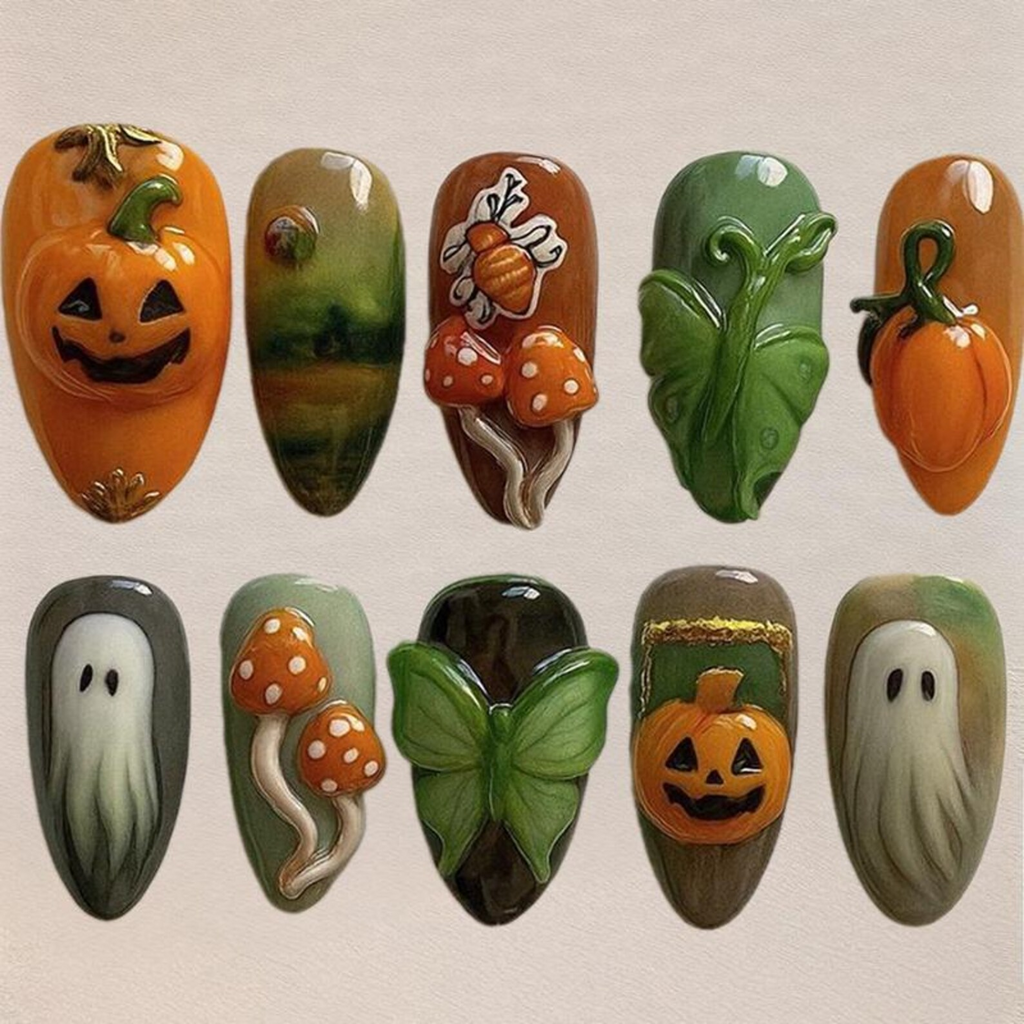 Spooky Fairycore Pumpkin Press On Nails