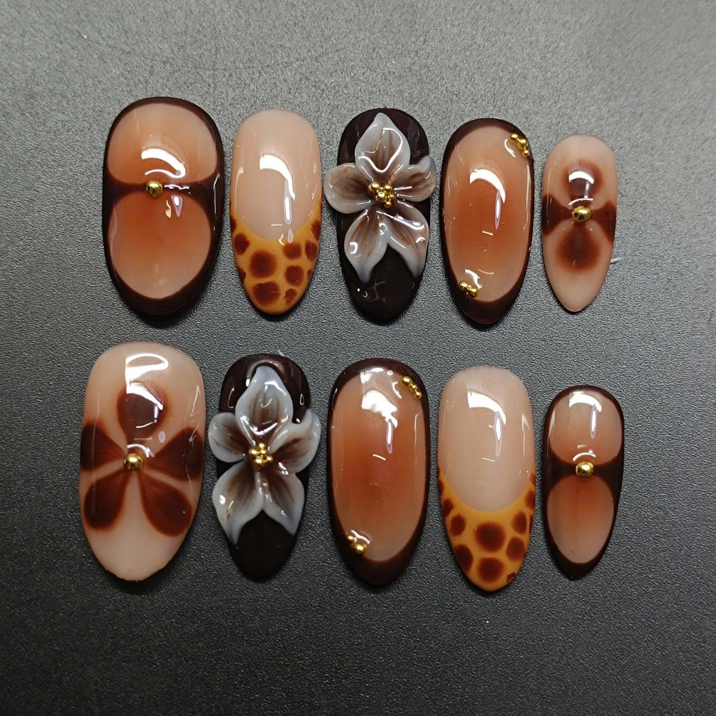Elegant Neutral 3D Floral Nails