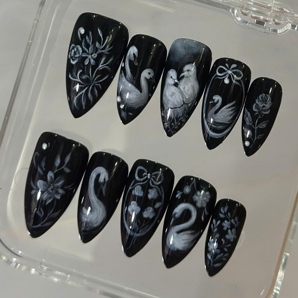 Floral Swan Press On Nails