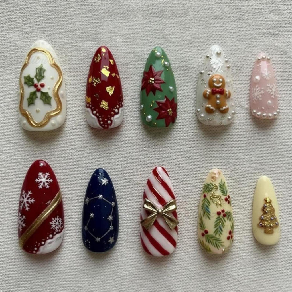 Vintage Christmas Press On Nails, Snowflake Nails