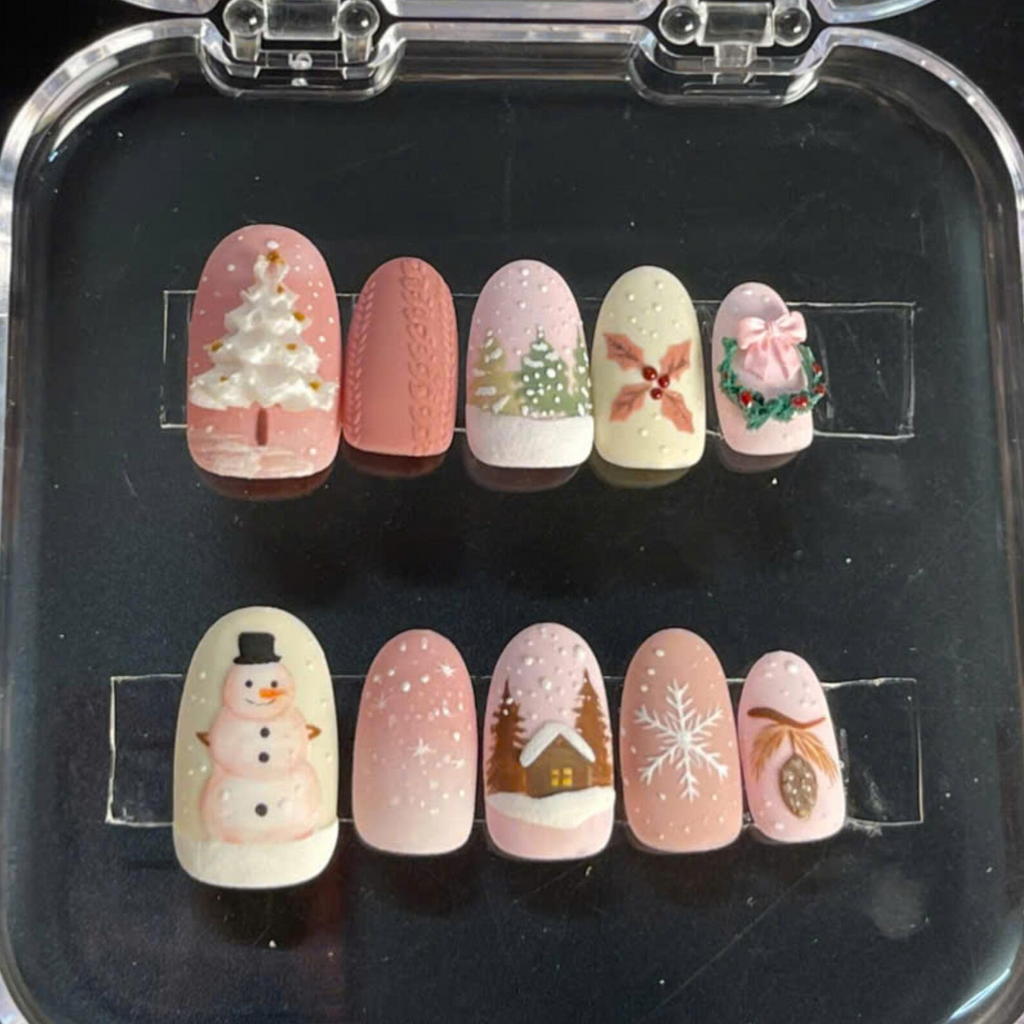 Whimsical Mistletoe Pink Christmas Nails