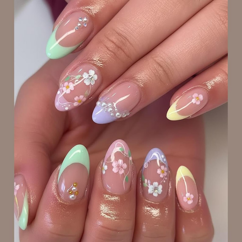 French Tip Pastel Blossom Nails