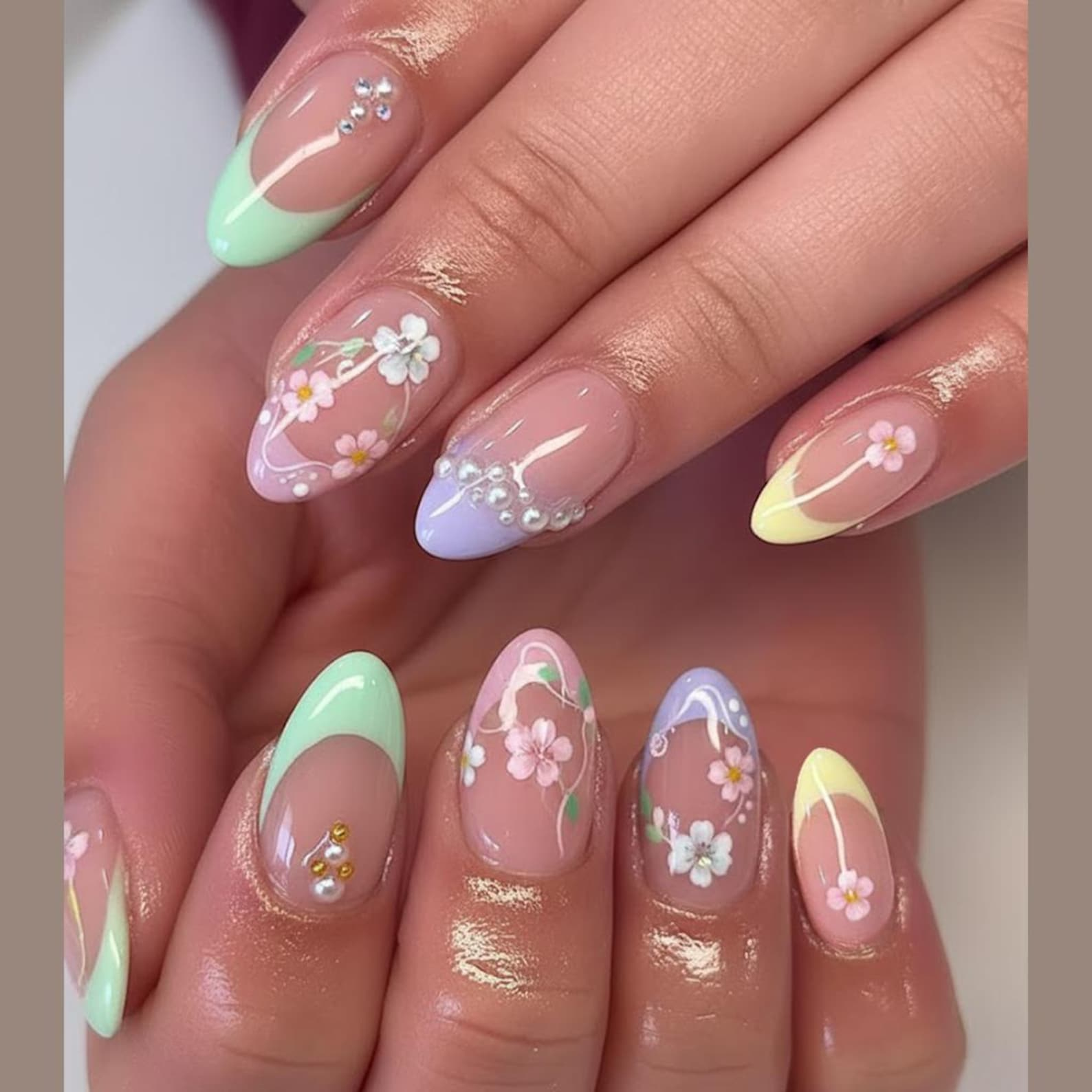 French Tip Pastel Blossom Nails