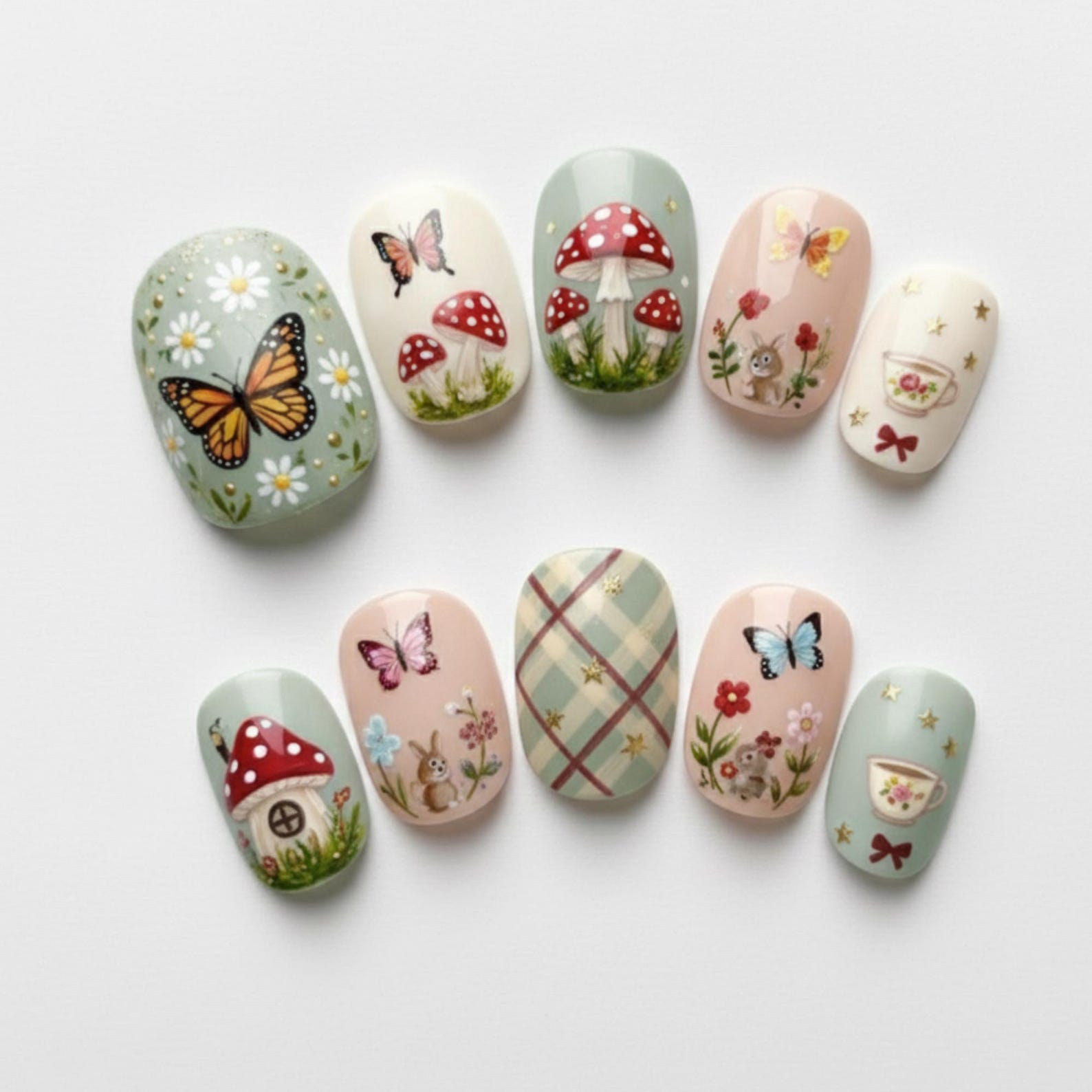 Cottagecore Butterfly Mushroom Press On Nails