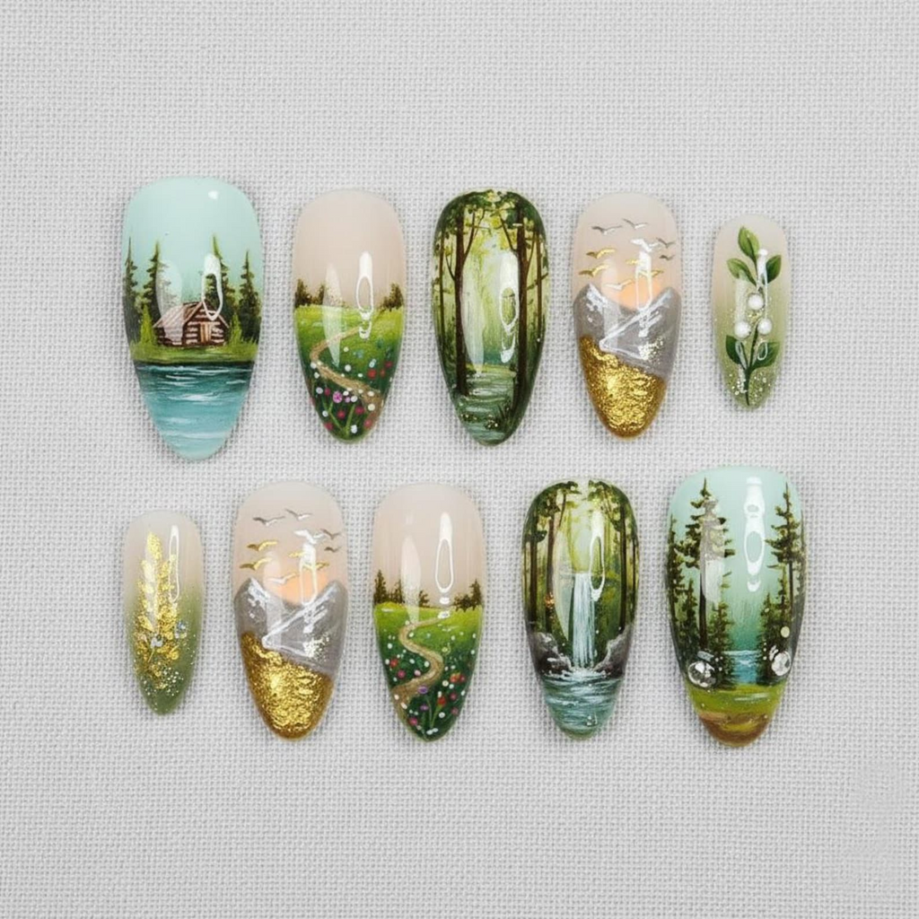 Hand Painted Golden Forest Nails