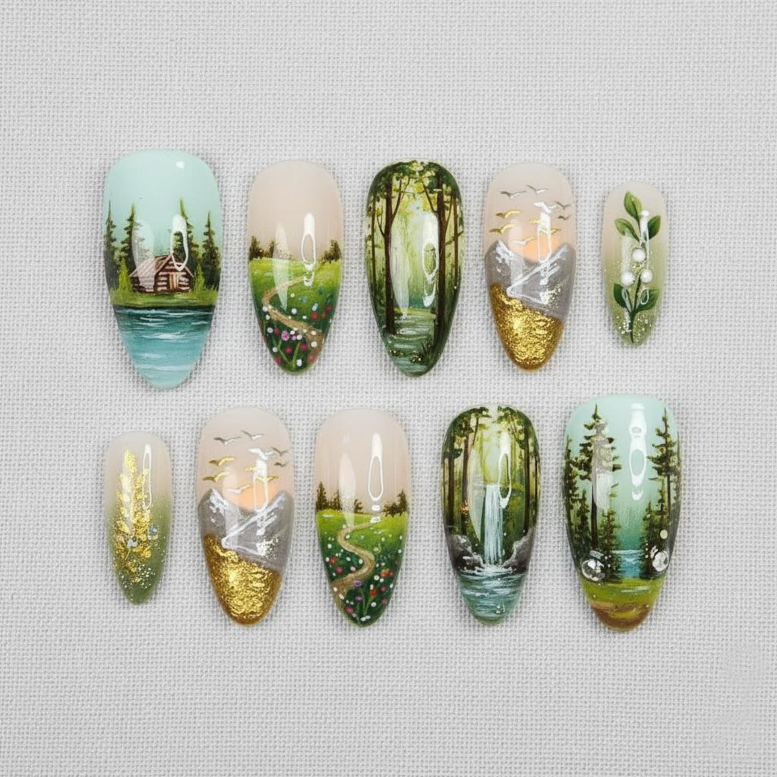 Hand Painted Golden Forest Nails
