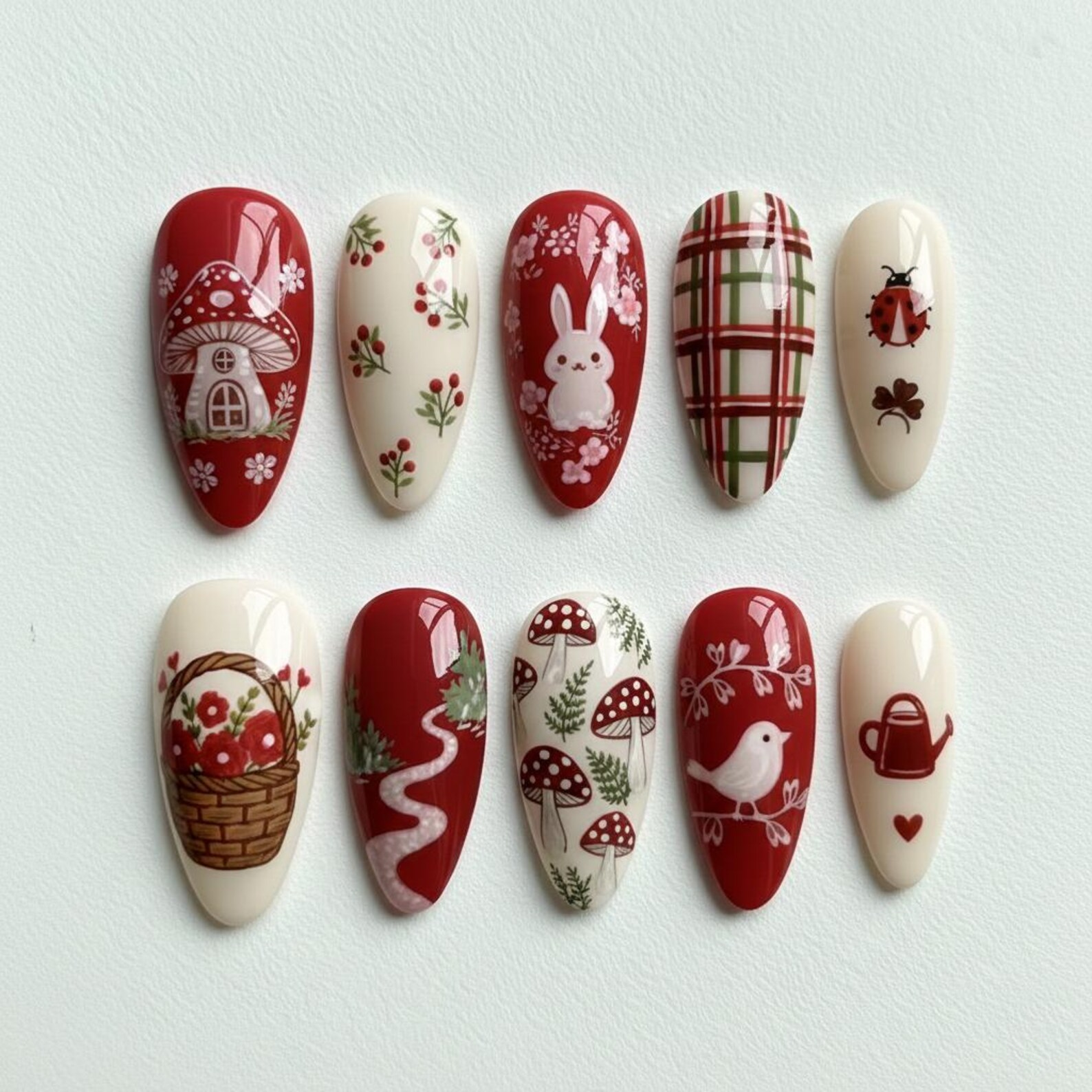 Red Cottagecore Bunny Press On Nails