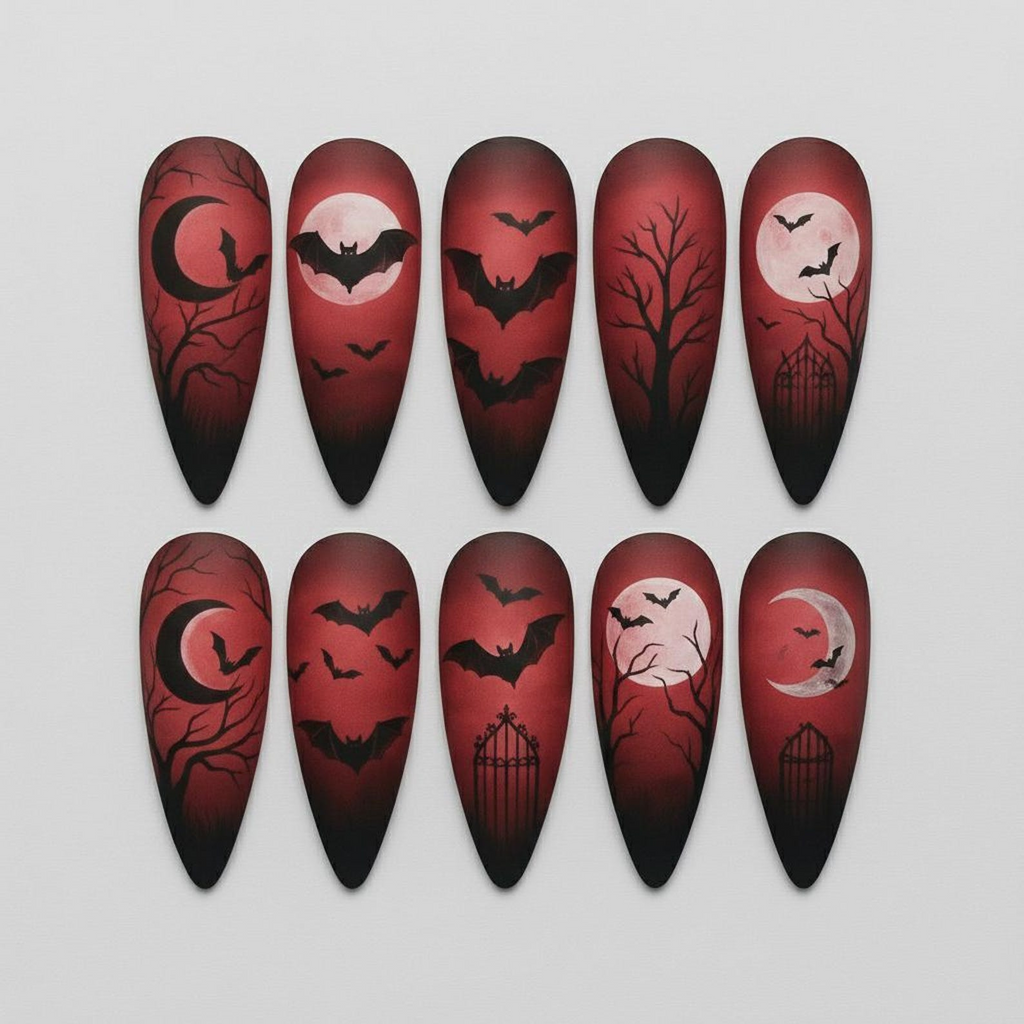 Gothic Moon Bat Vampire Press On Nails