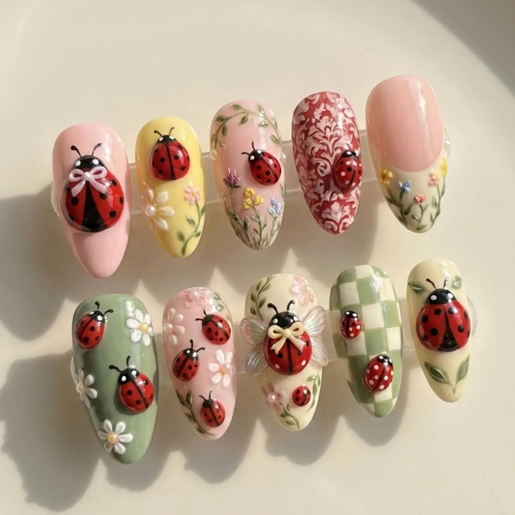 Hand Painted Pastel Ladybug Cottage Nails
