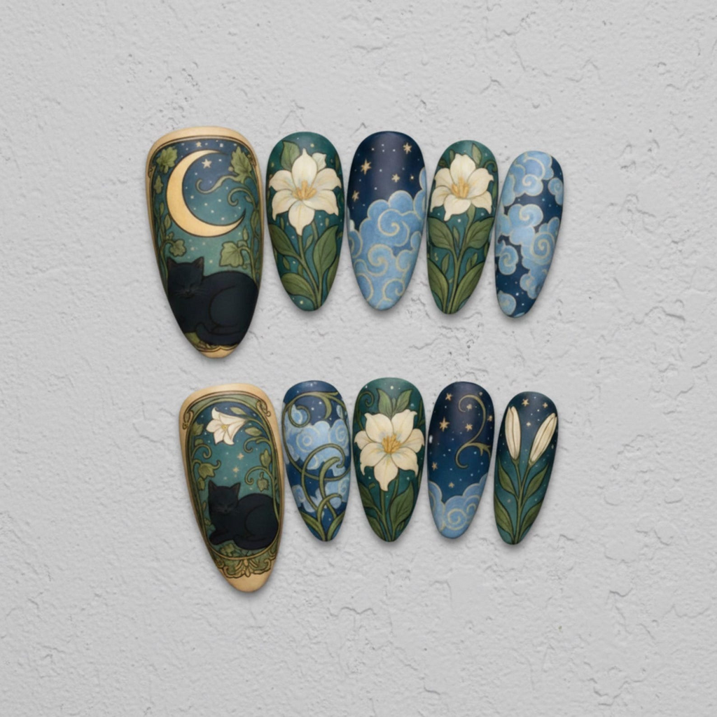 Midnight Garden Moon Cat Nails