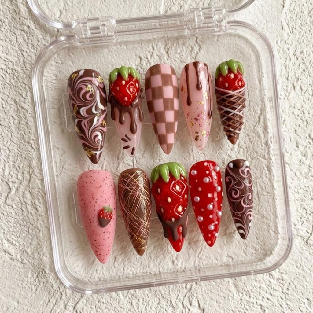 Sweet Chocolate Strawberry 3D Dessert Nails