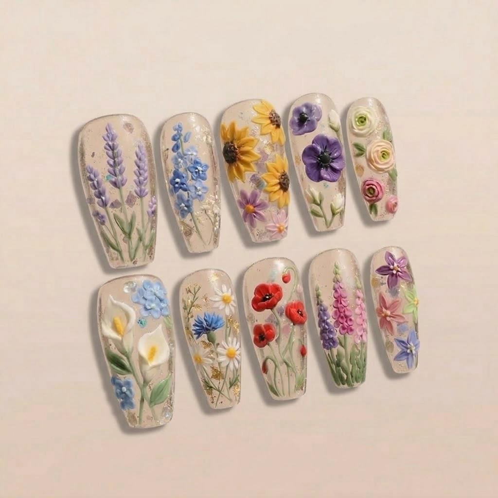 Hand Painted Botanical Wildflower Nails