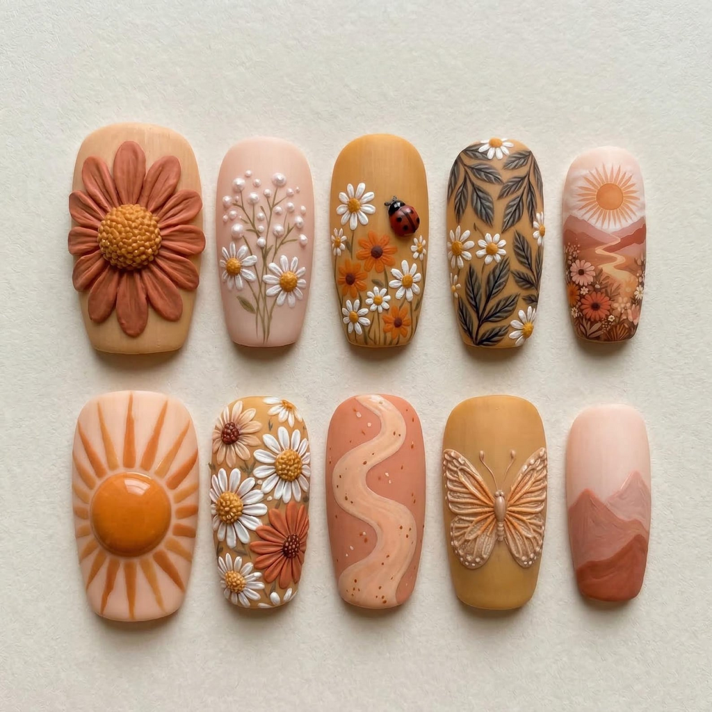Boho 3D Daisy Floral Nails