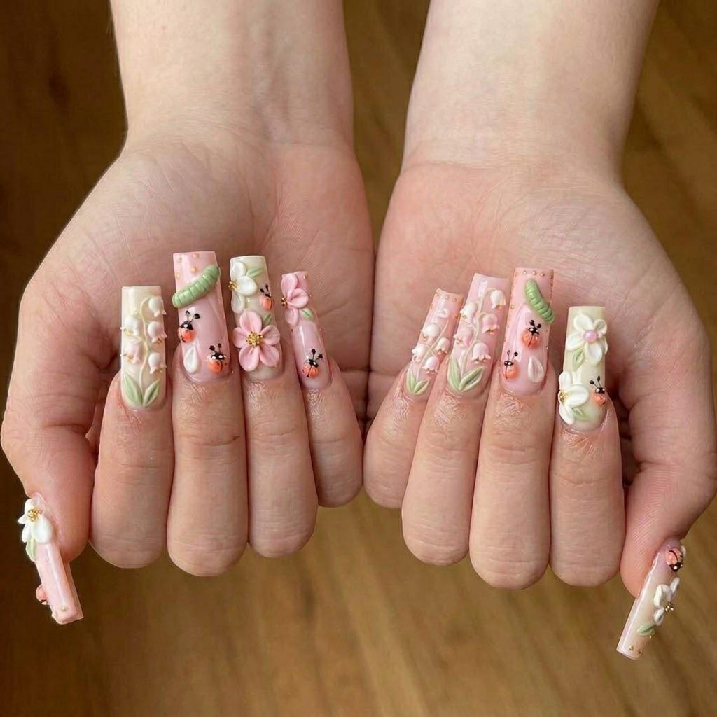 Pastel Garden Ladybugs Lily Nails