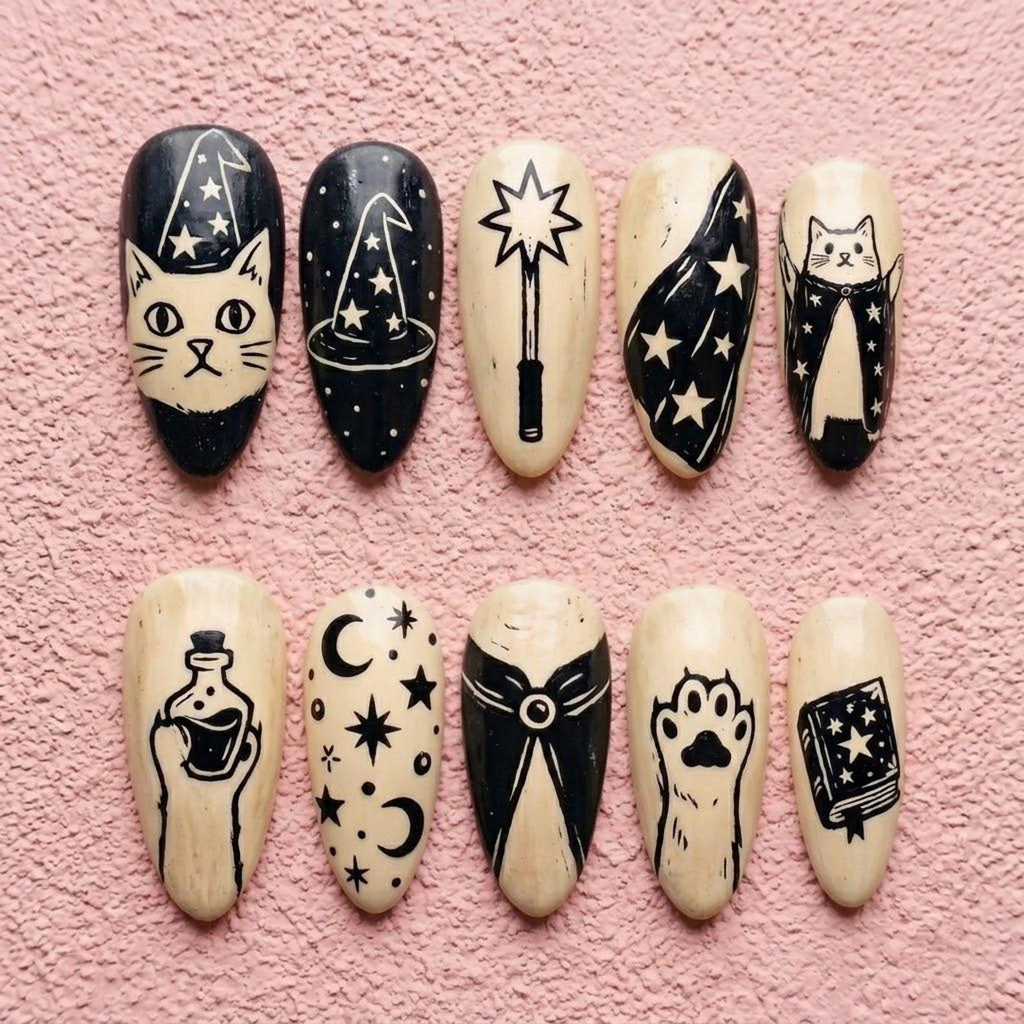 Black and Cream Mystic Cat Wizard Nails