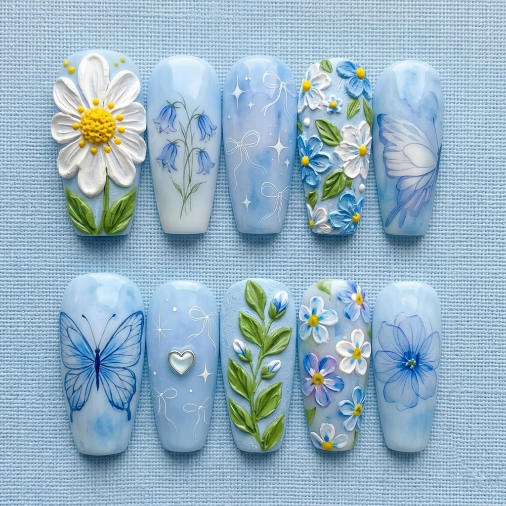 Blue Floral 3D Press On Nails