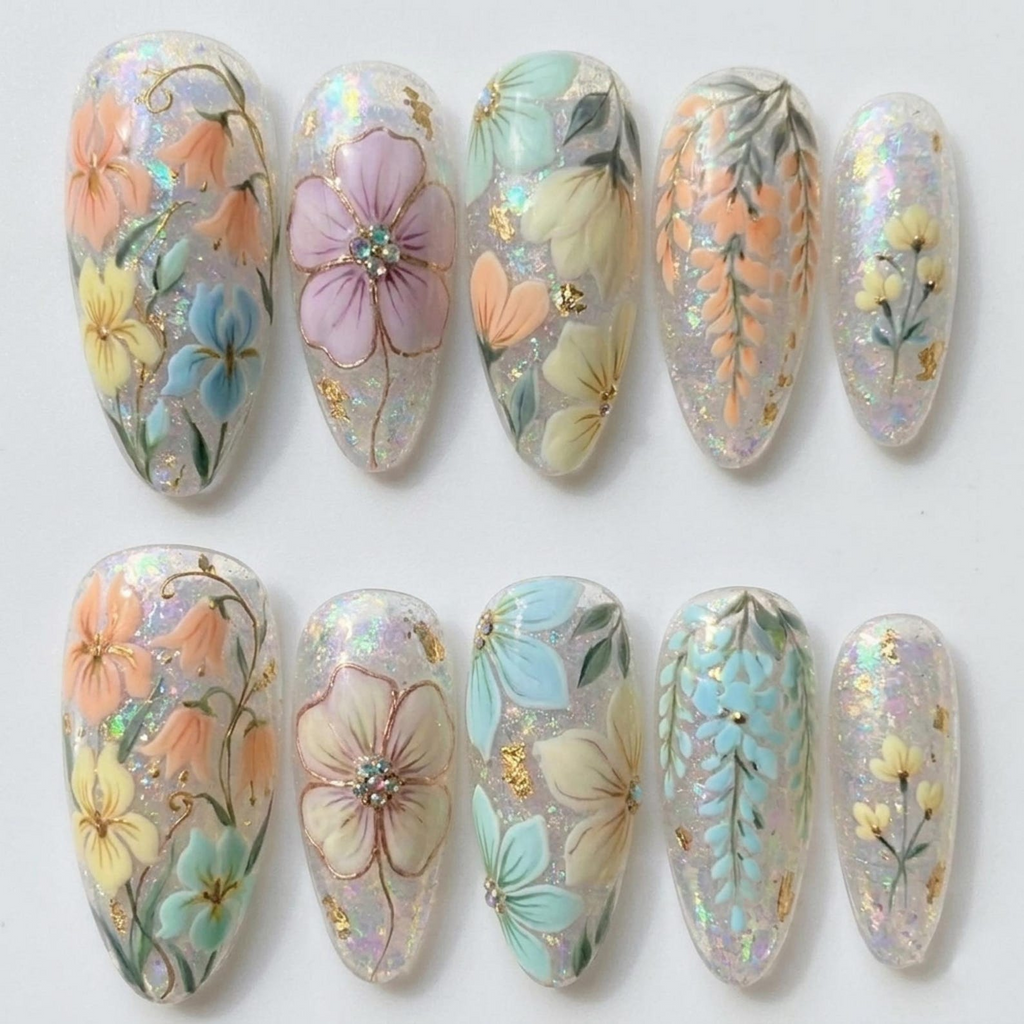 Iridescent Glitter Floral Press On Nails
