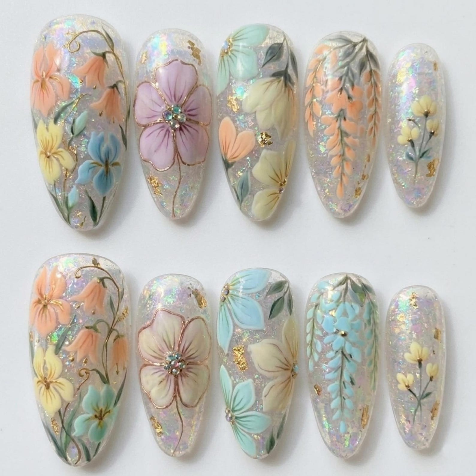 Iridescent Glitter Floral Press On Nails