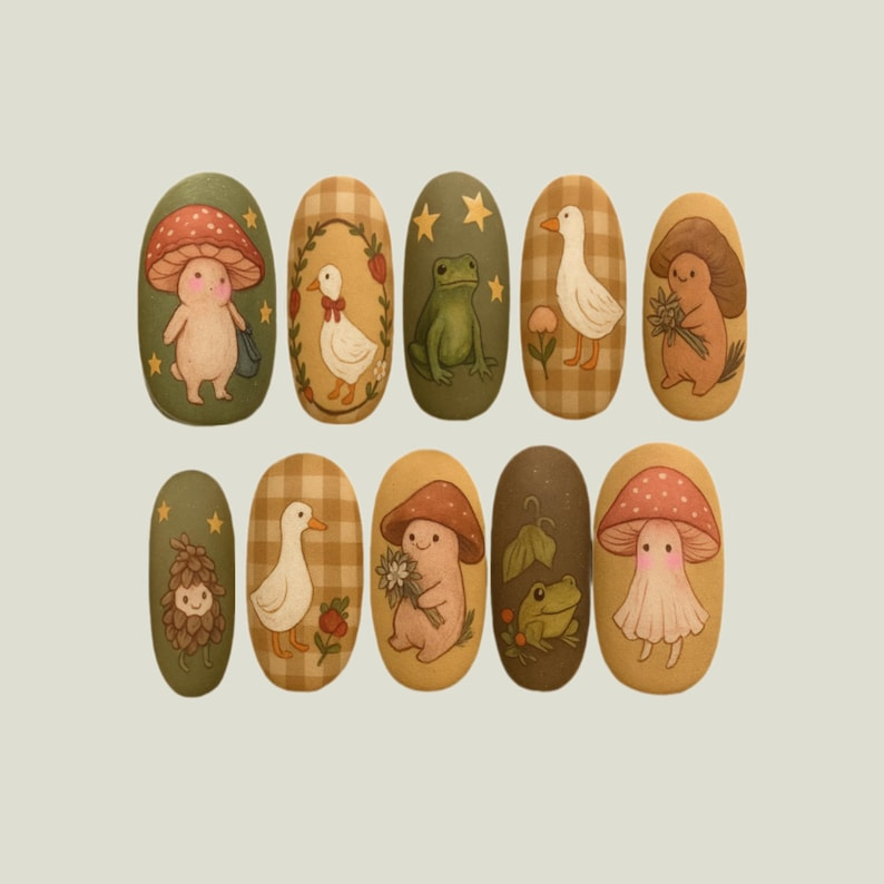 Vintage Cottagecore Garden Mushroom Nails