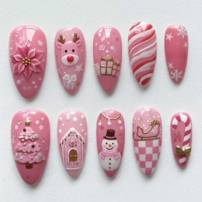 Pink Christmas Holiday Press On Nails