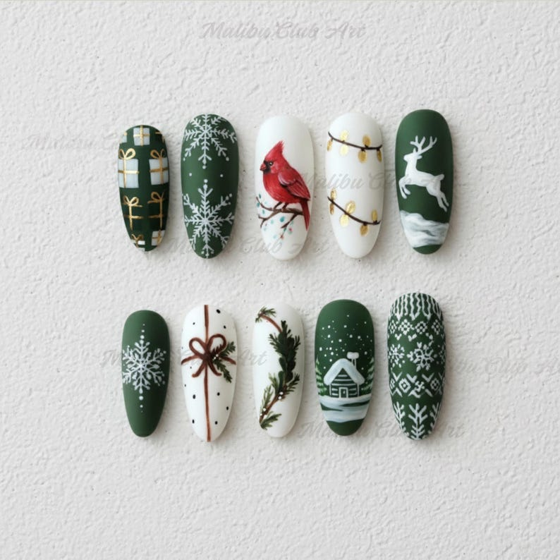Hand-Painted Christmas Cardinal Nail