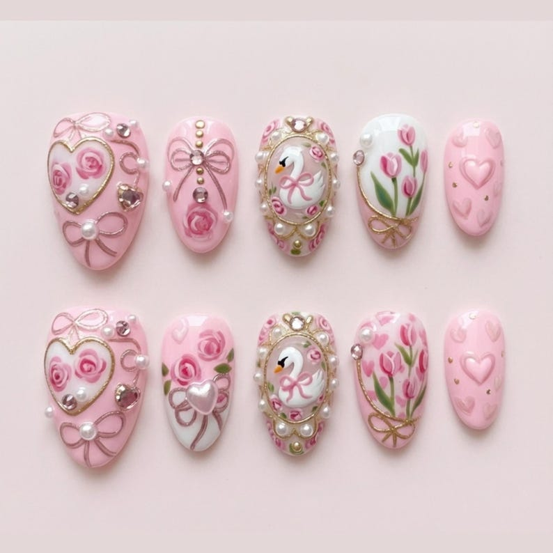 Valentine Pink Swan Press On Nails