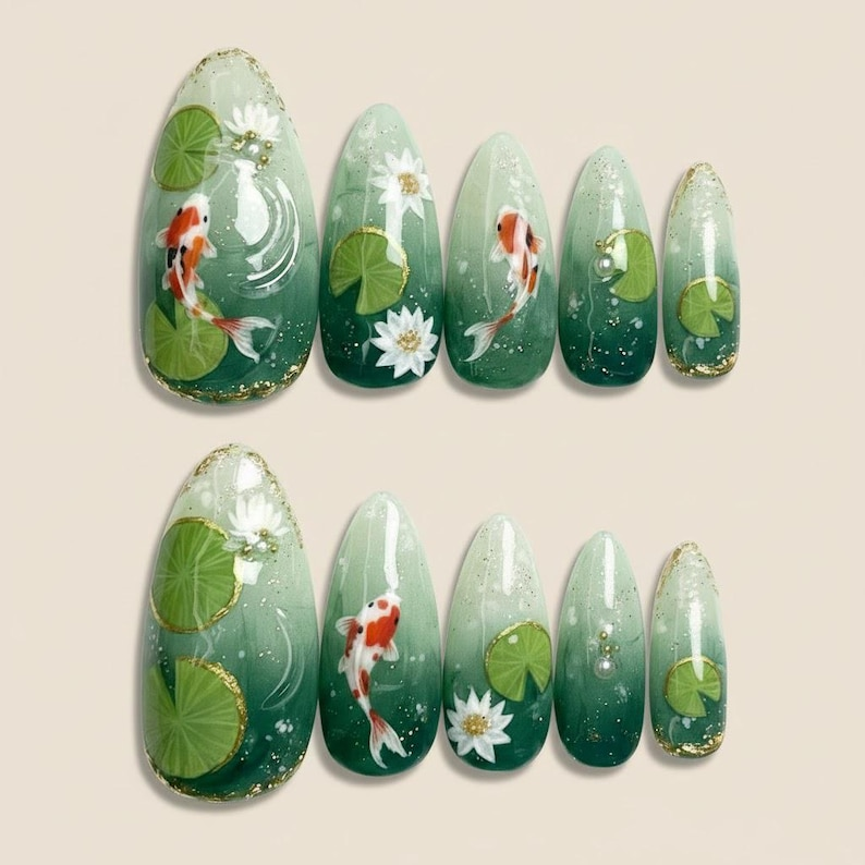 Koi Fish Lotus Painting Press On Nails