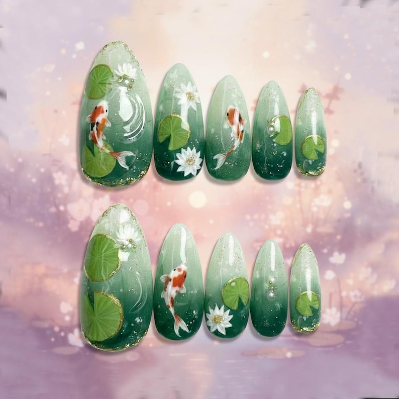 Koi Fish Lotus Painting Press On Nails
