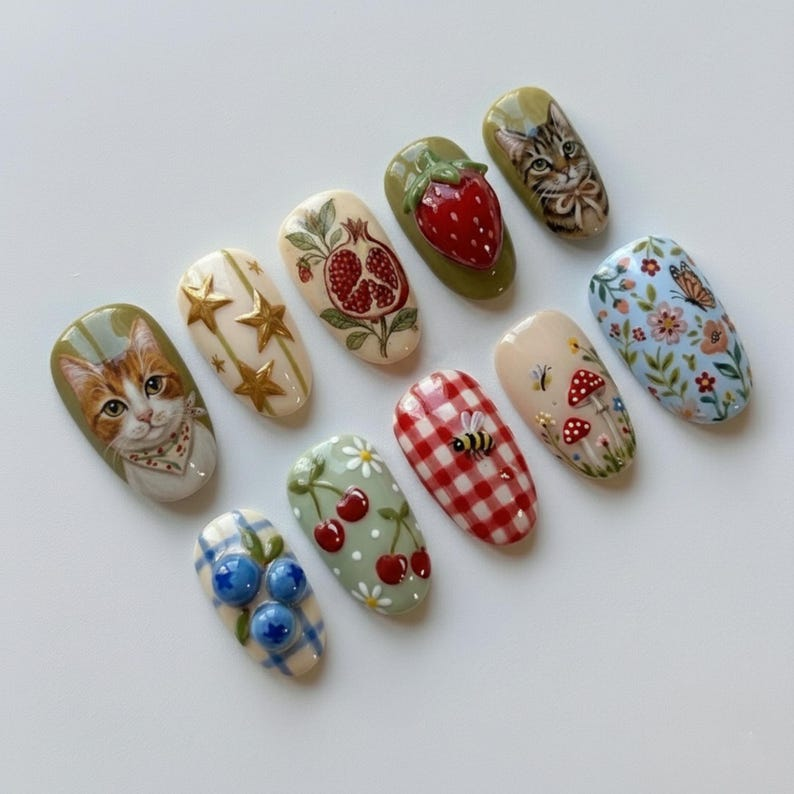 Cottagecore Strawberry Cat Floral Nails