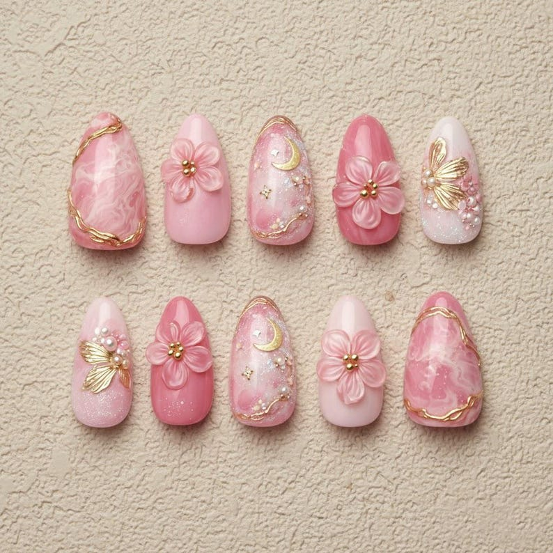 Pink Celestial Blossom Moon Nails