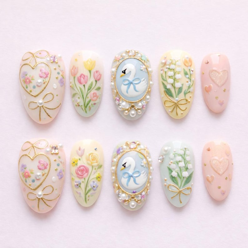 Elegant Swan Garden Press On Nails