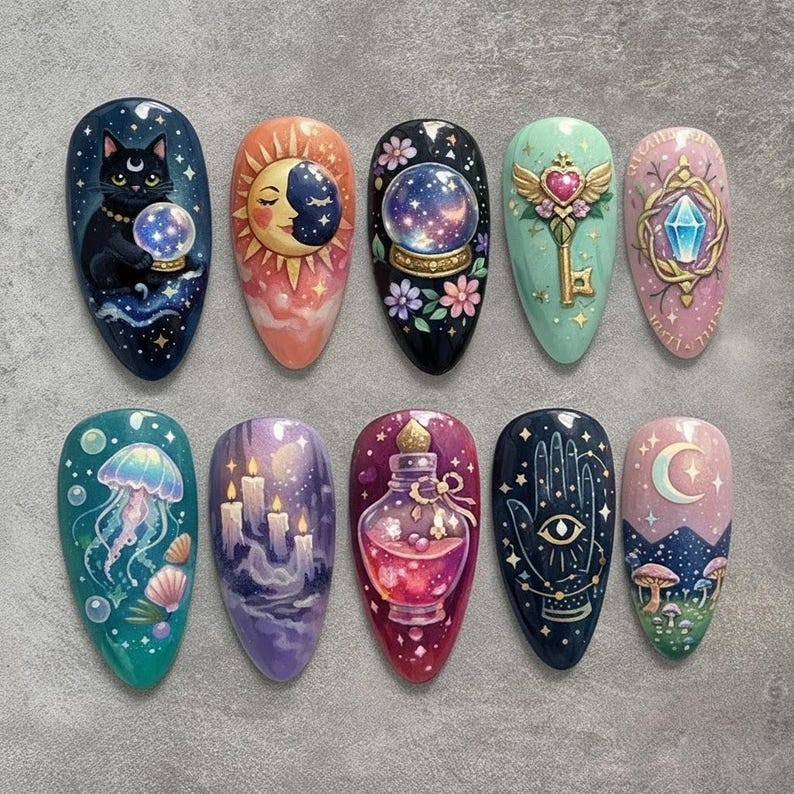 Tarot Mystic Moon Cat Nails