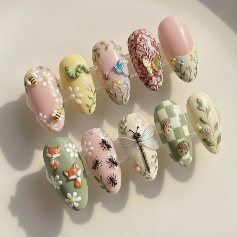 Whimsical Cottage Garden Dragonfly Press On Nails