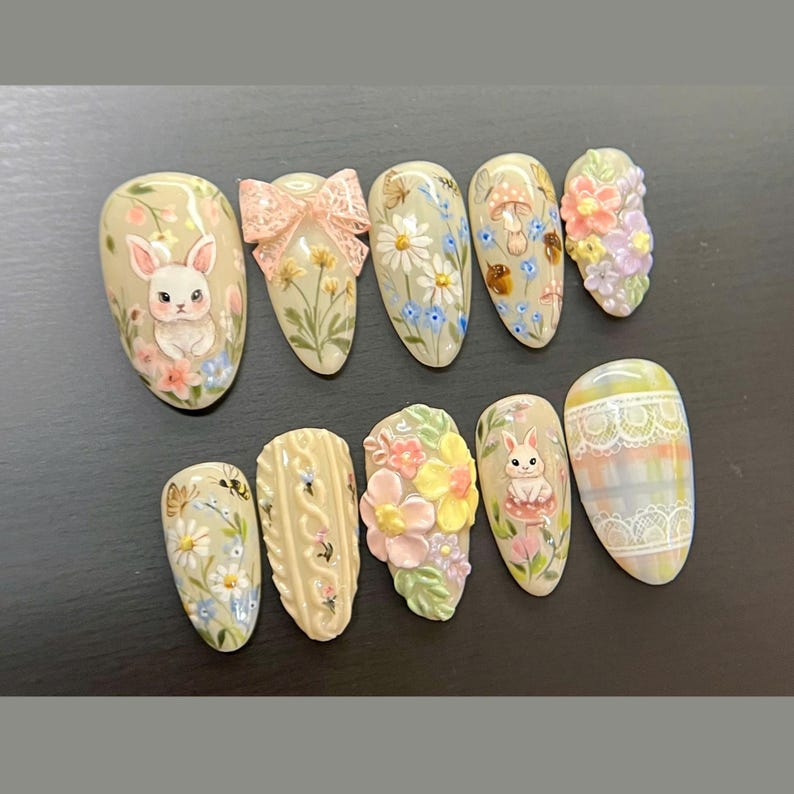 Cottagecore Spring Bunny Floral Nails