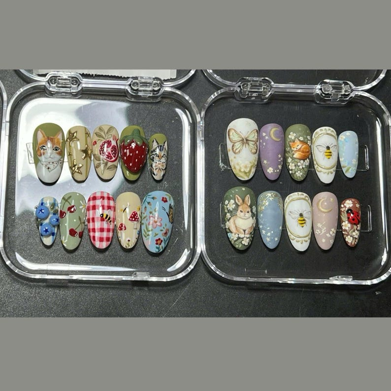 Cottagecore Strawberry Cat Floral Nails
