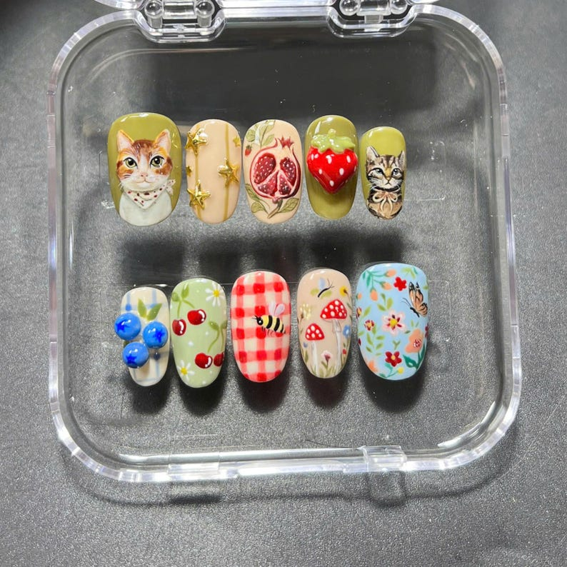 Cottagecore Strawberry Cat Floral Nails