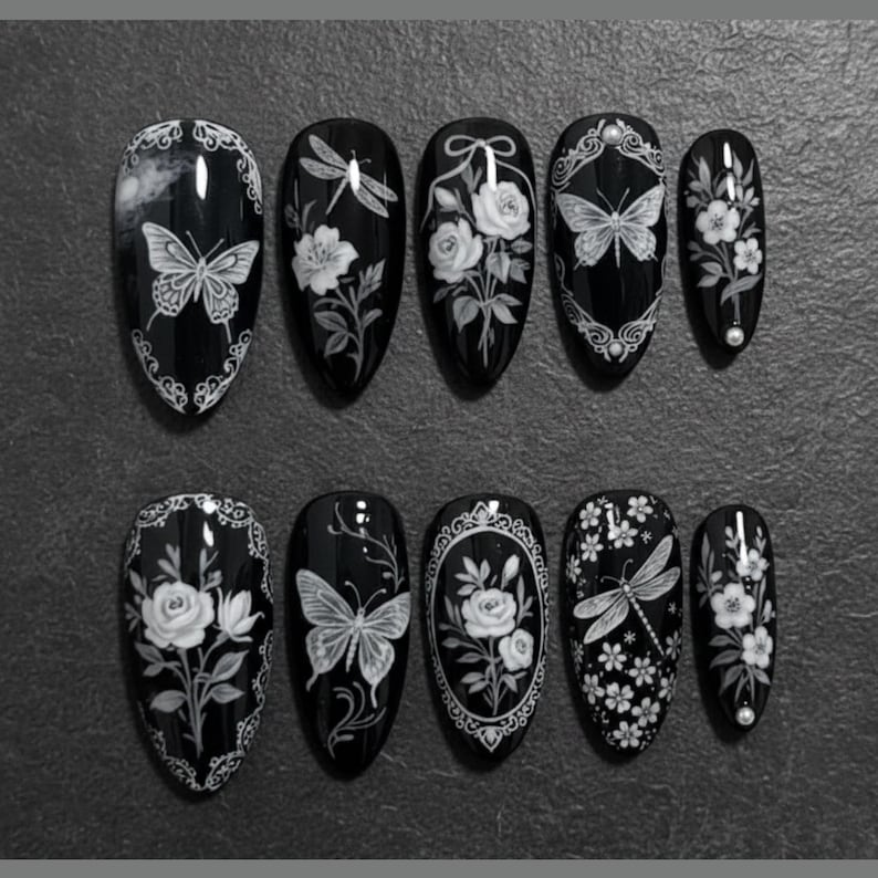 Gothic Butterfly Floral Press On Nails