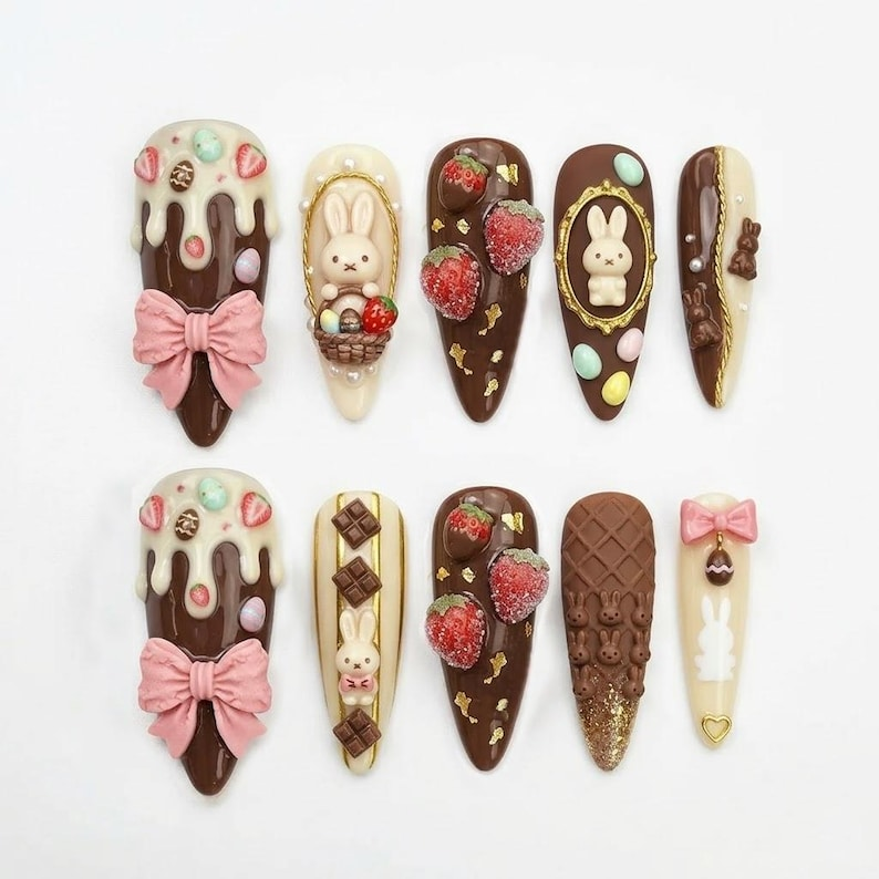 Chocolate Bunny Strawberry Dessert Press On Nails